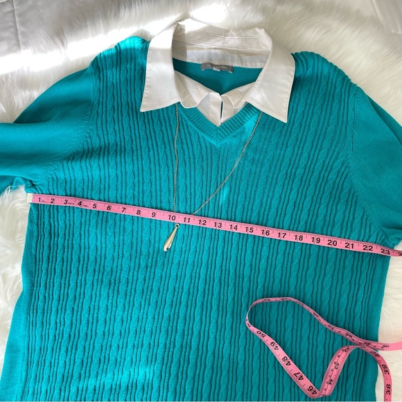 NY Collection Woman Teal Sweater Top Attached Collar & Silver Pendant Size 3X - Picture 12 of 12